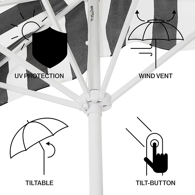 JONATHAN Y Half Umbrella UMB1201H Beverly 9 ft. Designer Classic Scalloped Fringe Market Patio with Crank, Tilt Button and UV Protection in Black/White, White Pole