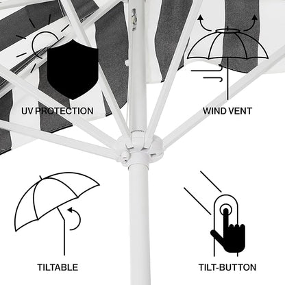 JONATHAN Y Half Umbrella UMB1201H Beverly 9 ft. Designer Classic Scalloped Fringe Market Patio with Crank, Tilt Button and UV Protection in Black/White, White Pole