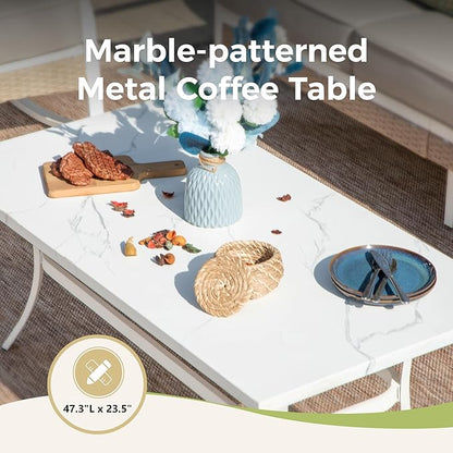 6 Piece Patio Furniture Set, 2 x Fixed Chair, 2 x Swivel Chair, 1 x 3-Seat Sofa with Marbling Coffee Table, All Cushioned Outdoor Conversation Set for Lawn Deck Backyard, Beige