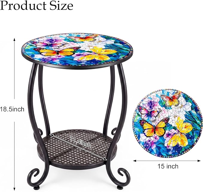 Outdoor Side Table, Small Patio Table Round Metal Outside Coffee End Table for Balcony Bistro Porch Yard Garden Patio Living Room（Butterfly