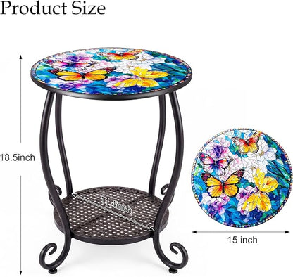 Outdoor Side Table, Small Patio Table Round Metal Outside Coffee End Table for Balcony Bistro Porch Yard Garden Patio Living Room（Butterfly