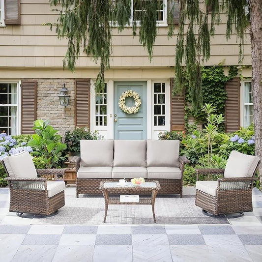 Patio Furniture Set 2 Wicker Swivel Glider Chairs Sofa with PE Rattan Coffee Table Brown Wicker Beige Cushions Patio Conversation Set 4pcs for Garden Balcony Sunroom Backyard