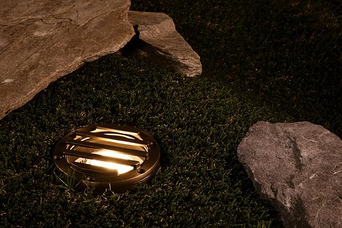 12V Brass In-Ground Well Light (Grated Top) with 5W 2700K Warm White MR16 LED Bulb for Low Voltage Landscape Lighting of Outdoor Pathway, Garden, Shrubs, Columns or Trees