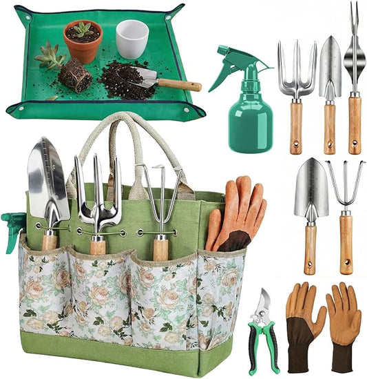 Gardening Tools 10 Pack Heavy Duty Rust-Proof Garden Tool Set with Organizer Tote Bag,Sturdy Repotting Mat,Gardening Gifts for Women Mom(Green)