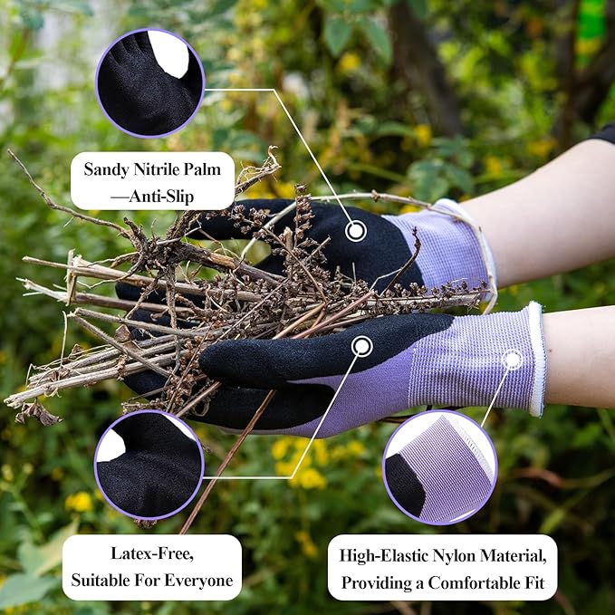 HandLove 6 Pairs Gardening Gloves for Women-Moisturizing Durable Work Gloves.Latex-free Sandy Nitrile Coated for Yard Garden,Touchscreen Friendly Protective Work with Grip,Medium,Pink&Green