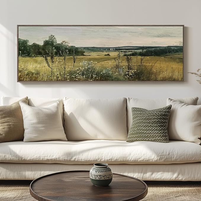 Extra Large Framed Landscape Rustic Wall Art for Living Room, Vintage Scenery Canvas Artwork Prints, Countryside Vast Field Grassland Picture Farmhouse Country Painting for Bedroom Decor 16x48 Inch