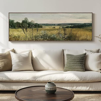 Extra Large Framed Landscape Rustic Wall Art for Living Room, Vintage Scenery Canvas Artwork Prints, Countryside Vast Field Grassland Picture Farmhouse Country Painting for Bedroom Decor 16x48 Inch