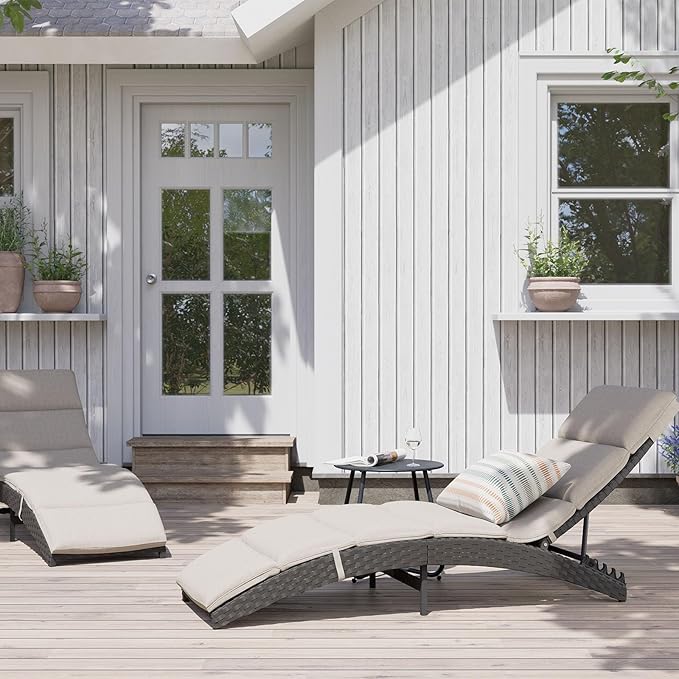 Grand patio Outdoor Lounge Chairs 2 Pieces Patio Wicker Aluminum 4-Position Reclining Folding Chaise Lounge with Cushions for Poolside Beige