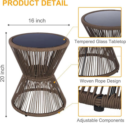 SUNNYPARK Outdoor Side Table 20'' H Small End Tables Woven Rope Weather Resistant with Glass Top Round Coffee Table for Indoor Balcony Patio Poolside (Brown)