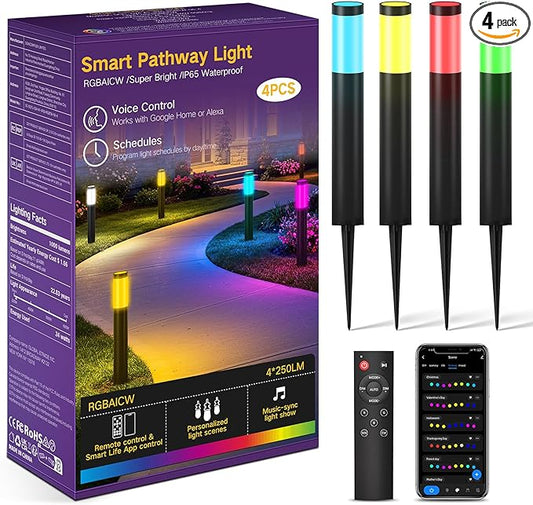 OUTON Pathway Lights Outdoor, Smart Low Voltage Landscape Lighting with RGB and 2200K-6500K White, APP Voice Remote Control, IP65 Waterproof Aluminum Walkway Lights for Yard Garden Patio, 4 Pack