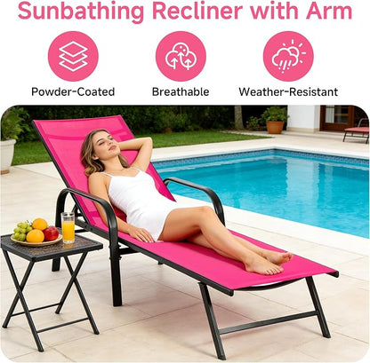 NEWBULIG Outdoor Lounge Chair for Pool Set of 2, with 5-Position Recliner, 350 lbs Heavy Duty Patio Pool Chair, Outdoor Sun Chairs with Metal Frame for Backyard, Deck, Pink