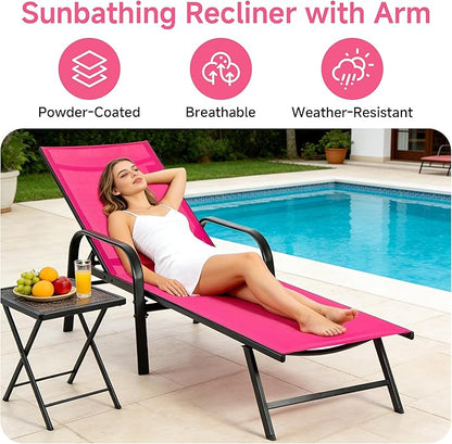 DUMOS Outdoor Lounge Chaise, 5-Position Chaise Lounge with Armrests, Sun Tanning Chair 350 lbs Heavy Duty Patio Pool Chair, Waterproof Sun Lounger for Deck, Backyard, Beach & Poolside, Pink