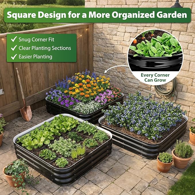 Galvanized Raised Garden Bed 4x4 ft, Heavy Duty Metal Planter Box for Vegetables, Flowers & Herbs, 12" Raised Outdoor Modular Gardening Bed, Above Ground Growing Container, Easy Assembly, Black