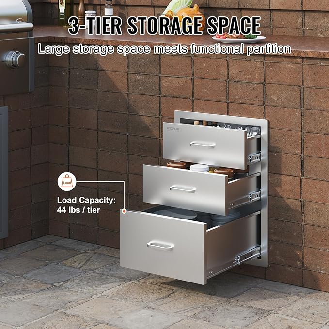 VEVOR 18x23 Inch Outdoor Kitchen Stainless Steel Triple Access BBQ Drawers with Chrome Handle, 18 x 23 x 23 Inch