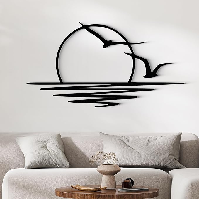 Wita Home Sunset with Seagulls Metal Wall Mounted Art, Handcrafted Metal Home Decor with Static Powder Coating, Eye-Catching Addition to Living Room Decor, Modern Beach Decor for Indoor and Outdoor Spaces, Perfect Housewarming Gift (64 x 32 inches)