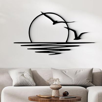 Wita Home Sunset with Seagulls Metal Wall Mounted Art, Handcrafted Metal Home Decor with Static Powder Coating, Eye-Catching Addition to Living Room Decor, Modern Beach Decor for Indoor and Outdoor Spaces, Perfect Housewarming Gift (64 x 32 inches)