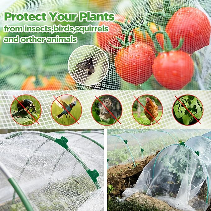 Garden Netting Kit for Raised Beds, Fiberglass Garden Hoops with 10x33FT Ultra Fine Mesh Netting and 24 Clips, Insect Netting for Garden Row Cover Vegetable Flowers Protection Barrier Plant Covers Net