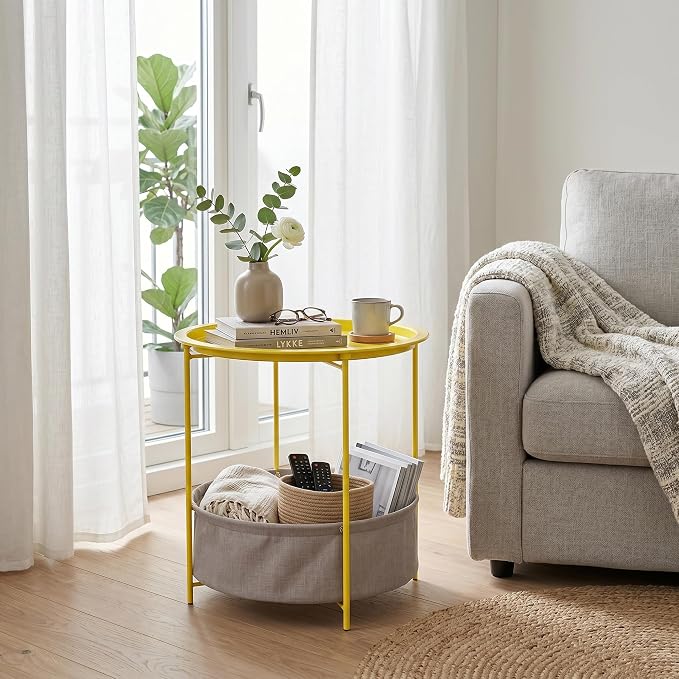 VECELO Round Side/End Table with Fabric Storage Basket，Metal Anti-Rust and Waterproof Small Bedside Nightstand with Removable Tray Top for Living Room，Balcony & Laundry，Yellow /2pcs with Basket