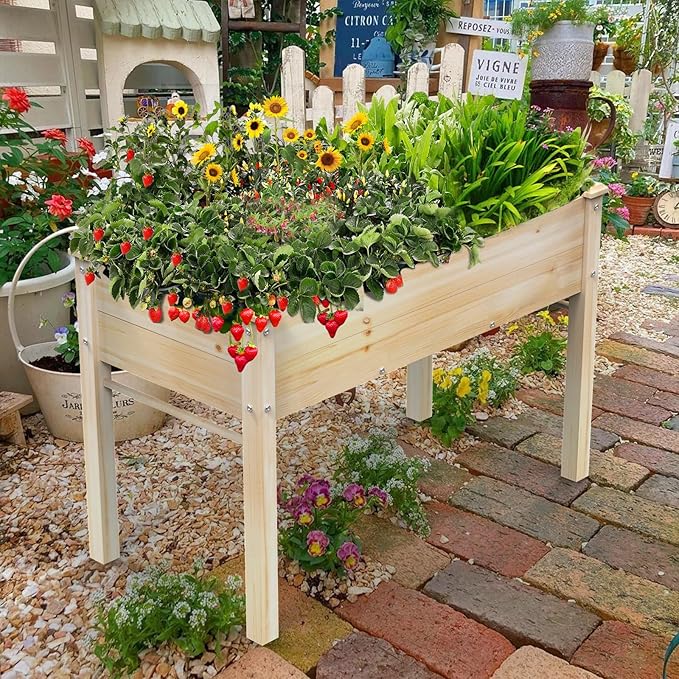 48x24x31IN Elevated Wooden Raised Garden Bed with Legs, Reinforced Large Planter Box for Vegetable Flower Herb Outdoor, Standing Growing Bed forGardening/Backyard/Patio/Balcony, Liner Included