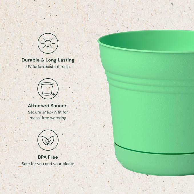 Bloem Saturn 5" Mint Green Round Resin Planter Pot with Snap-in Saucer for Indoor and Outdoor Gardening