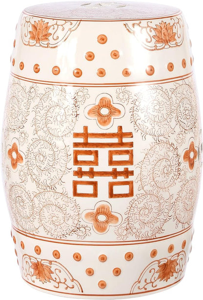 JONATHAN Y Double Happiness 18" Ceramic Garden Stool, Traditional Chinoiserie Orange and White Indoor/Outdoor Patio Drum Accent Side Table and Plant Stand TBL1013D