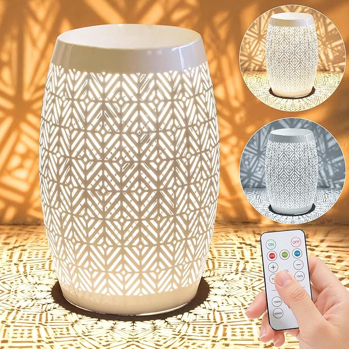 18" Cutout Metal Outdoor Side Table with 3-Mode LED Lights, Modern Decorative Drum End Table, Versatile Coffee Table/Garden Stool/Night Stand/Plant Stand for Patio, Living Room, Bedroom