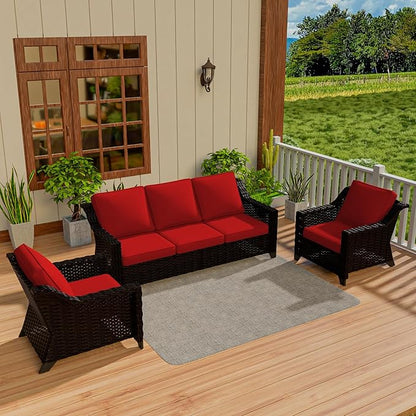 VistaVibe 3 Pieces Outdoor Patio Conversation Furniture Set - 78" 3-seat Sofa | 2 Wicker Chairs, Deep Seat Loveseat, Removable Cushions, Hand-Woven PE Rattan Couch, Balcony (Brown/Red)