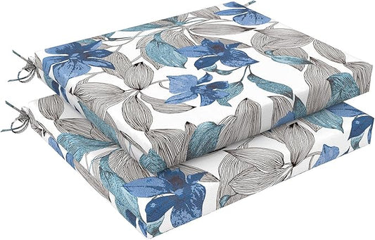 LVTXIII Outdoor Chair Cushions 18.5"x16"x2" Pack of 2, Water-Repellent Square Corner Memory Foam Seat Cushions with Ties for Garden Patio Furniture, Clemens Noir Blue