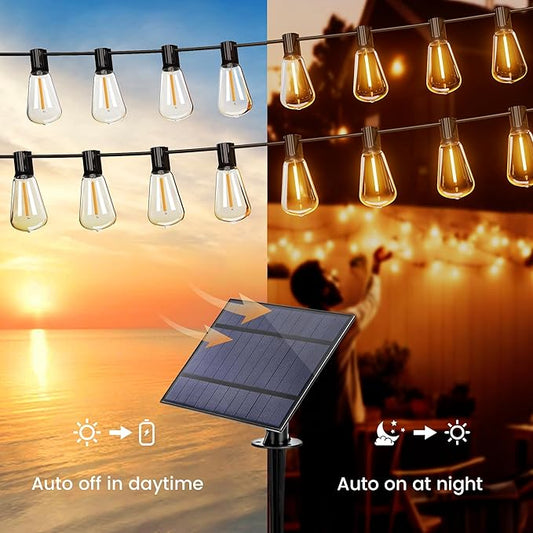 OHLUX 120FT Solar String Lights Outdoor with Remote, 2200K Soft Warm Patio Lights with 52 Shatterproof ST38 Tear-Drop LED Filament Bulbs, Dimmable Outside Edison Hanging Light for Backyard Deck Roof