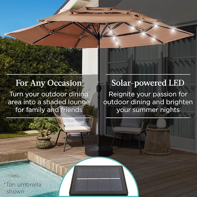 Best Choice Products 10ft 3-Tier Solar Patio Umbrella, Outdoor Market Sun Shade for Backyard, Deck, Poolside w/ 24 LED Lights, Tilt Adjustment, Easy Crank, 8 Ribs - Resort Blue