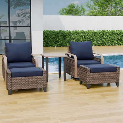 Modern Wicker Bistro Table and Chairs Set, Rattan Outdoor Bistro Set with Swivel Rocking Chairs, Ottomans & Table, 5 Pieces, Brown/Blue