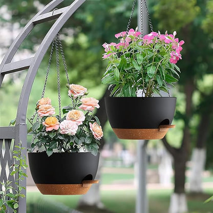 UOUZ Set of 3-10 Inch Self Watering Hanging Planters for Indoor Outdoor，Hanging Plant Pots with Drainage & Removable Tray, Hanging Pots Holder for Ivy, Pothos, Ferns, Balcony & Patio, Black with Brown