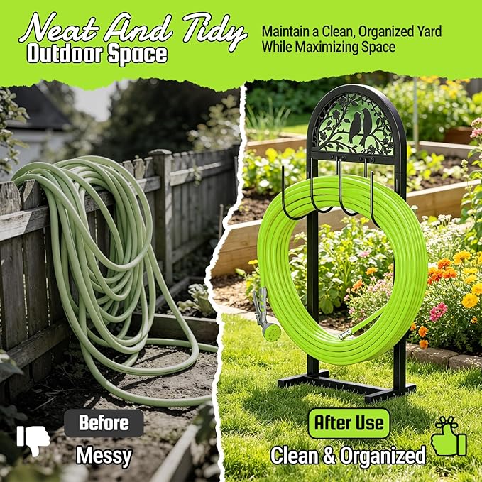 2 Pack Garden Hose Holder, Water Hose Stand with 4 Stake, Heavy Duty Metal Hose Hanger Holds 150Ft, Freestanding Hose Storage Rack for Outside,Yard & Lawn Garden