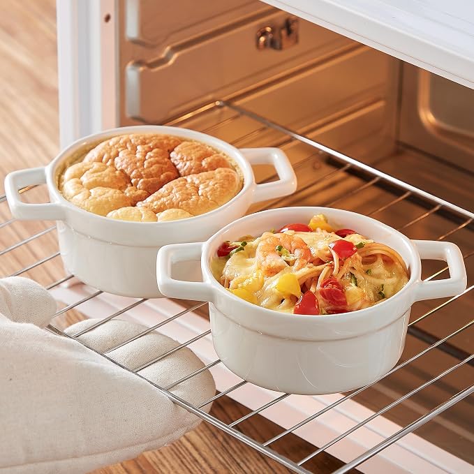 Lareina Mini Cocotte 12oz Ceramic Casserole Dish Set with Lid, White | Small casserole ramekins with handles, oven, microwave & dishwasher safe. Perfect for baking, serving, and individual meals.
