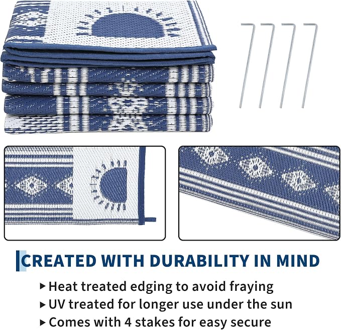 Garvee Reversible Cactus Outdoor Rug 8x10 for Patio, Waterproof Outdoor Area Rug, Modern Desert Botanical Indoor Outdoor Rugs, Plastic Straw Rug for RV, Camping, Deck, Navy Blue & Beige