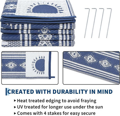 Garvee Reversible Cactus Outdoor Rug 8x10 for Patio, Waterproof Outdoor Area Rug, Modern Desert Botanical Indoor Outdoor Rugs, Plastic Straw Rug for RV, Camping, Deck, Navy Blue & Beige