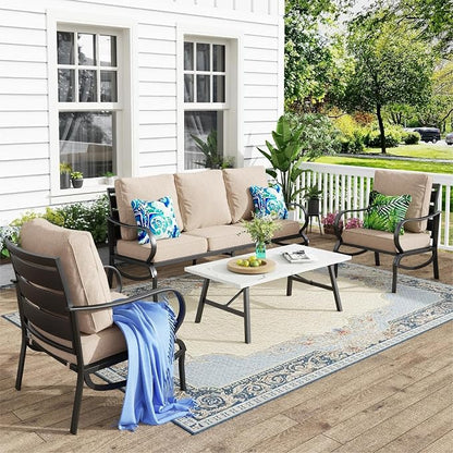 MFSTUDIO Patio Conversation Set, 5 Seats Metal Outdoor Furniture Sets with 1 x 3-Seat Sofa, 2 Single Chairs,1 Coffee Table, 4 Pieces All Weather Steel Frame Patio Sets with 5.75inch Beige Cushions