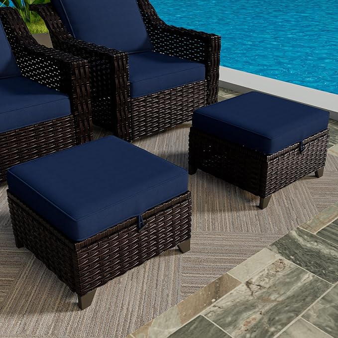VistaVibe 2 Pieces Patio Wicker Ottomans, Luxurious Footstools, Outdoor Small Footrest, Wicker Furniture with Removable Cushions,All-Weather PE Rattan, Garden, Backyard, Porch(Brown/Navy)