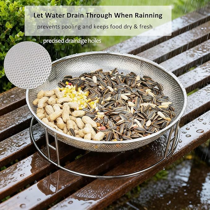 13-Inch Ground Feeding Platform for Birds, Squirrels, Ducks, Chicken, Stainless Steel Bird Feeders Combination with Additional Hanging Mesh Tray, Attracting Small Creatures for Backyard, Patio