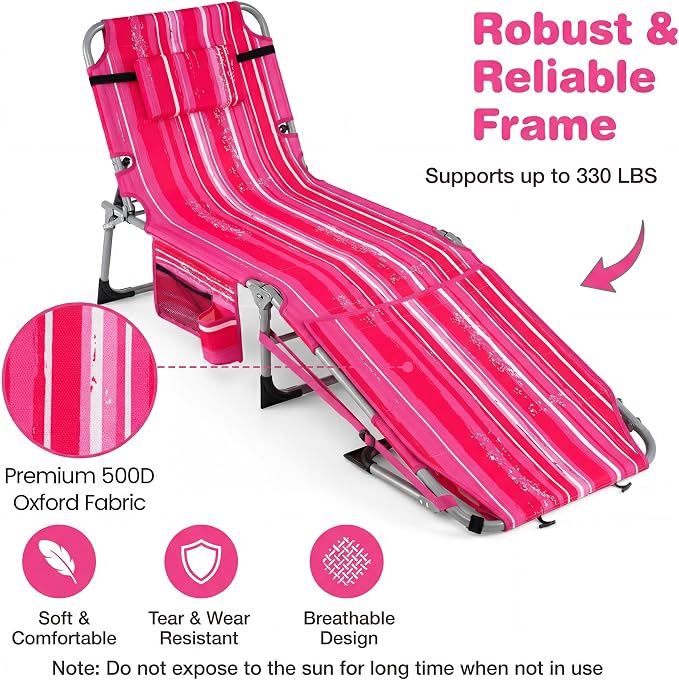 Giantex Tanning Chair, 330Lbs Patio Lounge Chair with 5 Adjustable Position, Face & Arm Hole, Hand/Shoulder Strap, Removable Pillow, Side Pocket, Chaise Lounger for Beach Sunbathing Outdoor