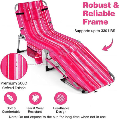 Giantex Tanning Chair, 330Lbs Patio Lounge Chair with 5 Adjustable Position, Face & Arm Hole, Hand/Shoulder Strap, Removable Pillow, Side Pocket, Chaise Lounger for Beach Sunbathing Outdoor