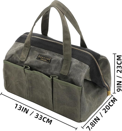 13-inch Tool Bag, Heavy Duty Wide Mouth Water-Resistant Tool Bag, Tool Tote with Handle for Tools, Wrenches, Screwdrivers (13 X 7.8 X 9 inch) | ArmyGreen