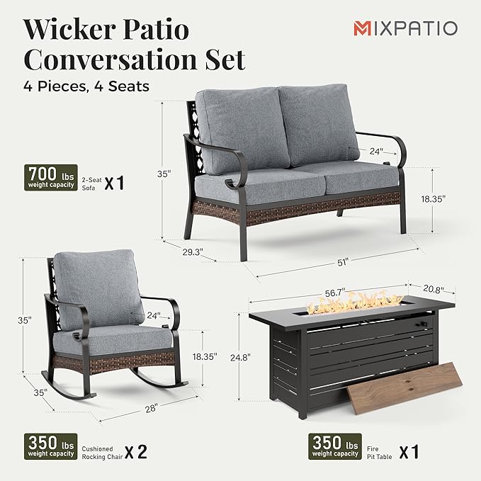 Patio Furniture Set with Firepit Table, Black Frame Outdoor Conversation Set with 2 x Rocking Chair, 1 x 2-Seat Sofa for Lawn Garden Backyard, Grey