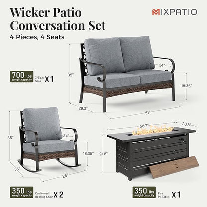 Patio Furniture Set with Firepit Table, Black Frame Outdoor Conversation Set with 2 x Rocking Chair, 1 x 2-Seat Sofa for Lawn Garden Backyard, Grey