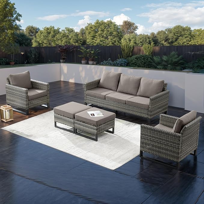 Rilyson Wicker Outdoor Patio Furniture Set - 5 Piece Patio Conversation Set with 2 Wicker Armrest Chairs,2 Rattan Ottoman and 1 Couch for Outside Porch Deck Backyard Garden(Mixed Grey/Grey)