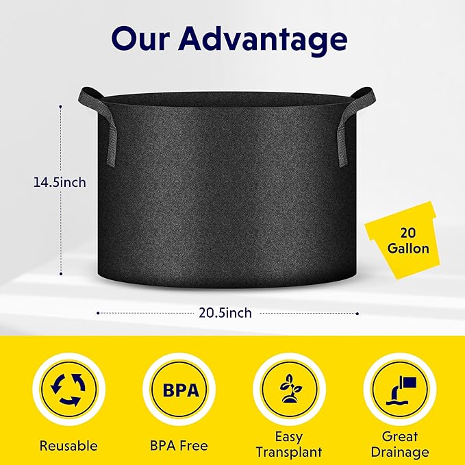 iPower 20 Gallon (Pack of 5) Plant Grow Bags Thickened Nonwoven Aeration Fabric Pots Heavy Duty Durable Container, Strap Handles for Garden, Black
