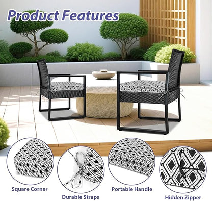 Outdoor Chair Cushions Set of 4,Waterproof Outdoor Seat Cushions for Patio Furniture,Patio Chair Cushion with Handle and Ties, Out Door Chair Pads,17" x 16" x 2", Black Geometry