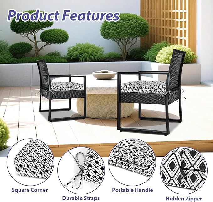 Outdoor Chair Cushions Set of 4,Waterproof Outdoor Seat Cushions for Patio Furniture,Patio Chair Cushion with Handle and Ties, Out Door Chair Pads,18.5" x 16" x 3", Black Geometry