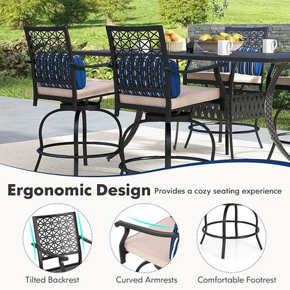 COSTWAY Outdoor Bar Chair Set of 4, 24.5 Inch Swivel Counter Height Bar Stools with Footrest, Seat Cushions & Lumbar Pillows, Metal Dining Bar Chairs for Patio, Backyard, Poolside (4)