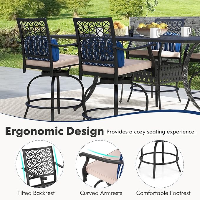 COSTWAY Outdoor Bar Chair Set of 2, 24.5 Inch Swivel Counter Height Bar Stools with Footrest, Seat Cushions & Lumbar Pillows, Metal Dining Bar Chairs for Patio, Backyard, Poolside (2)